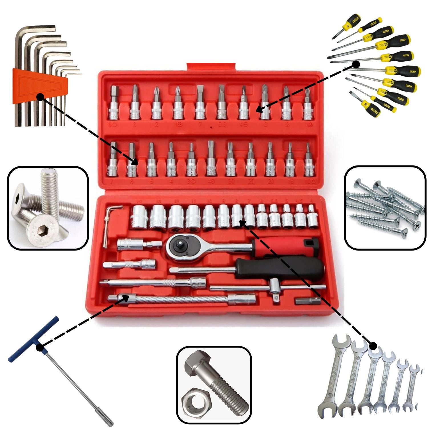 46Pcs Family Tools 1/4 Set Mechanic Tool Kits for Repair's