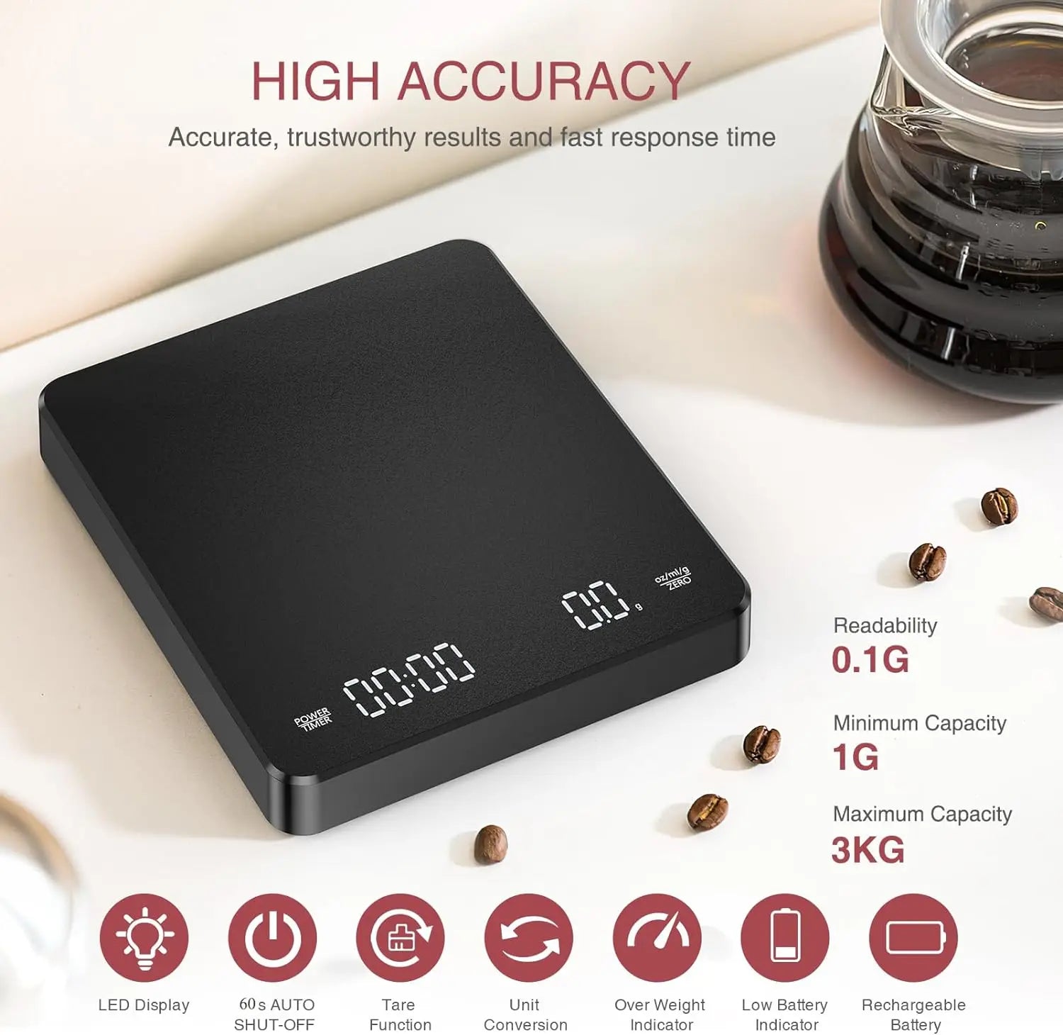 Household electronic kitchen scale, high-precision digital coffee scale with timer, small platform scale for baking food, portab